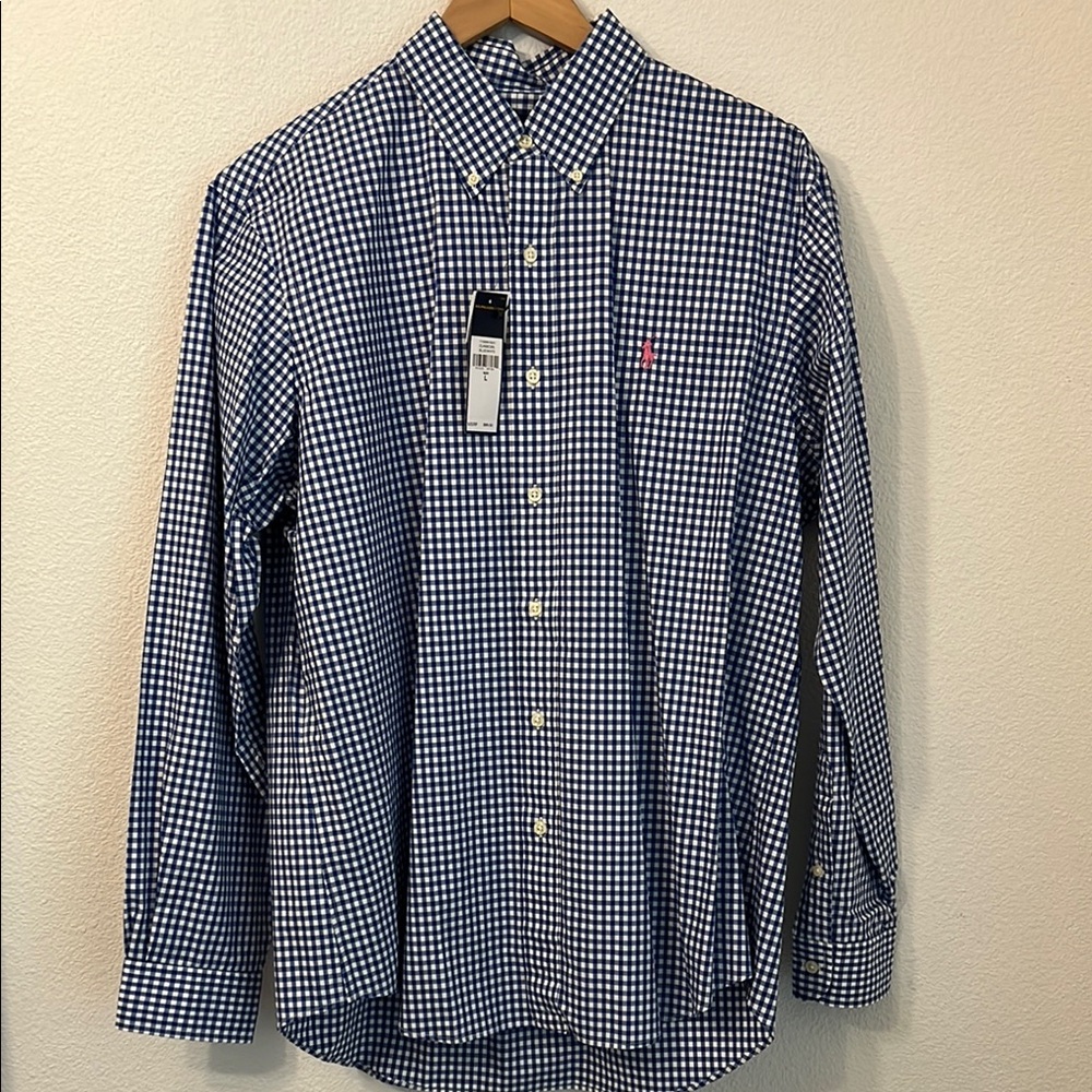 BNWT Polo Ralph Lauren Men's Blue & White Gingham Check Pink Logo Long Sleeve